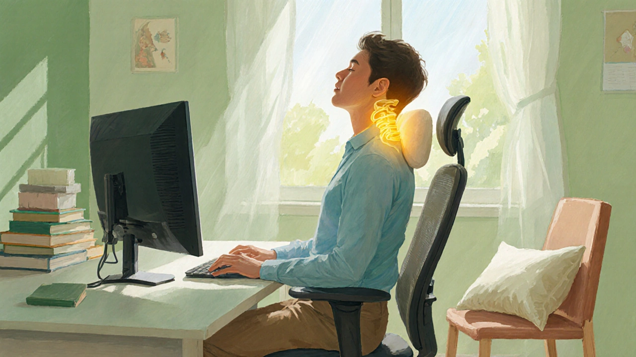 Cvičící člověk v ergonomickém pracovním prostoru s pocitem úlevy.