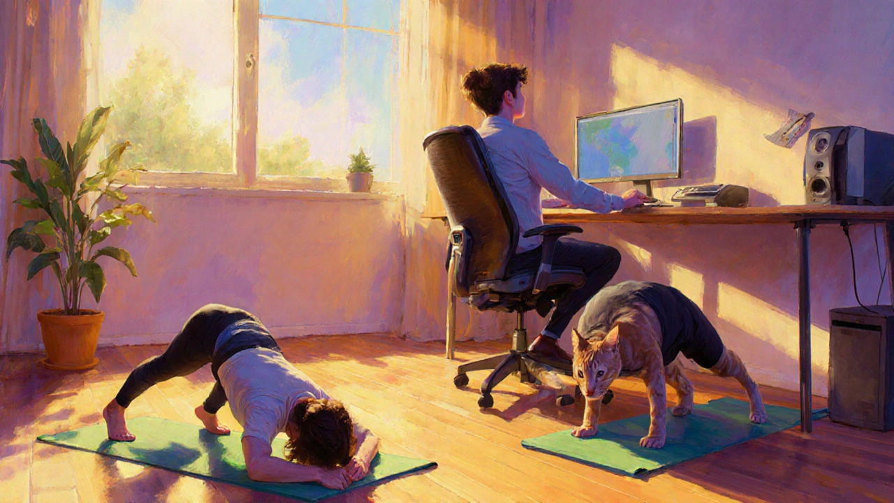 Domácí kancelář s ergonomickým posezením a cvičením pro zlepšení lordózy.