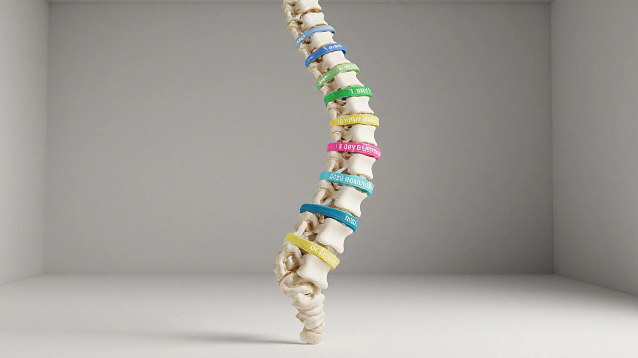 Lidská páteř z gumových pásů ukazuje různé frekvence masáží.