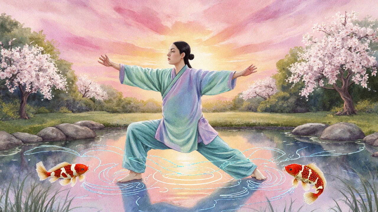 Osoba provádí pomalý Qigong u jezírka, s viditelnou energií podél meridiánů.