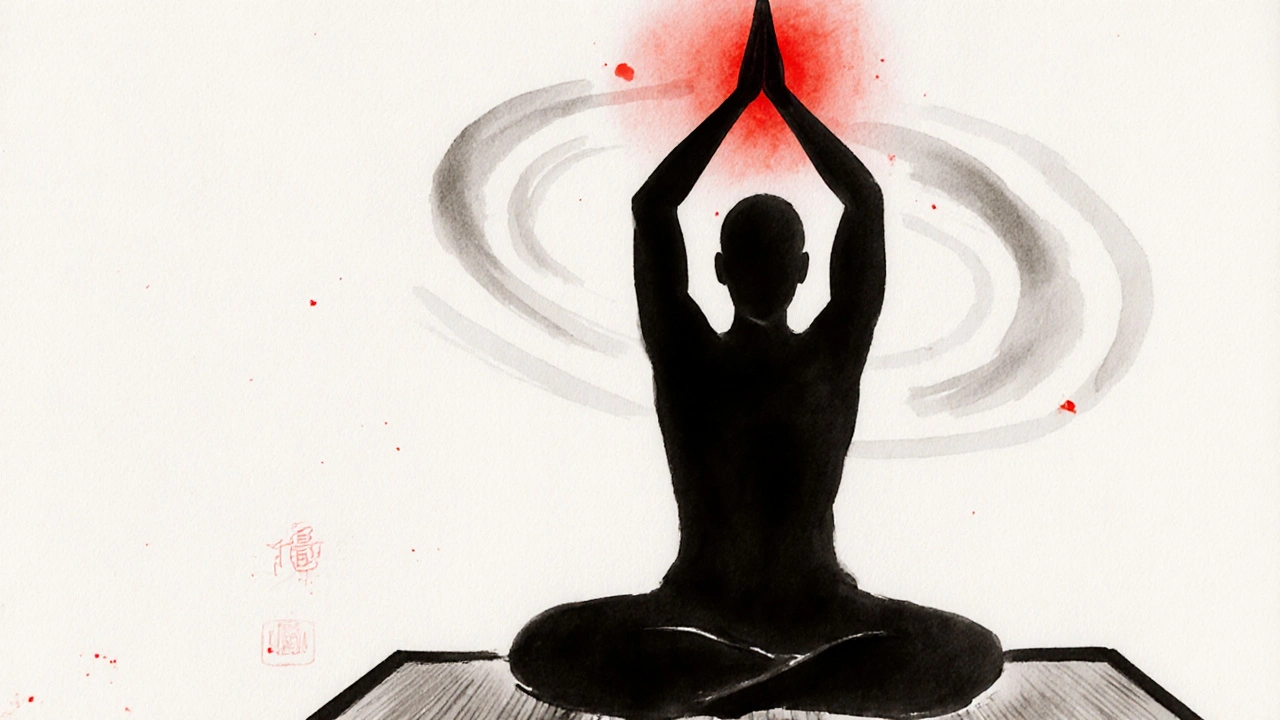 Postava v meditaci s paprsky energie, symbolizující zvýšený serotonin a snížený kortizol.