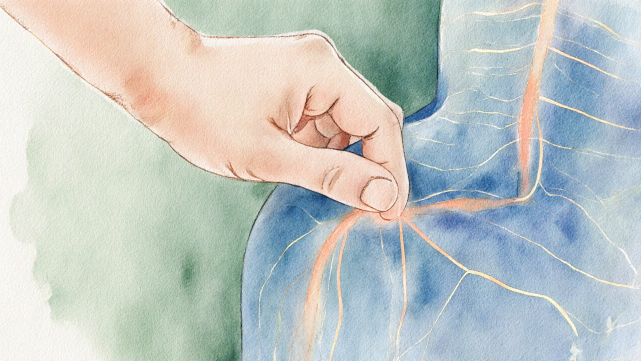 Ruce terapeuta tlačí na energetické body těla, zobrazené jasnými liniemi.