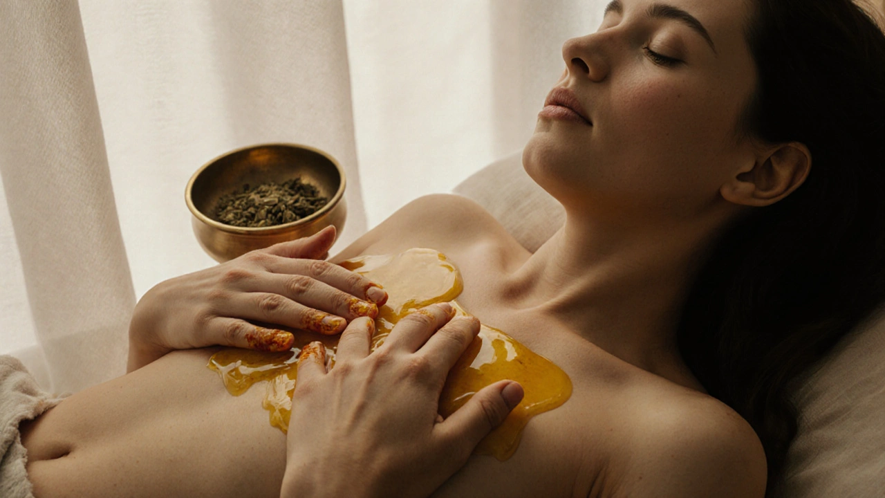 Ruce ženy s teplým sesamovým olejem na břiše, klidně odpočívají po masáži.