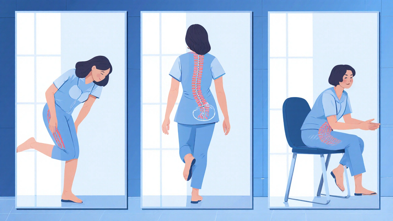 Žena provádí samodiagnostické testy: flexe, rovnováha na jedné noze, sezení.