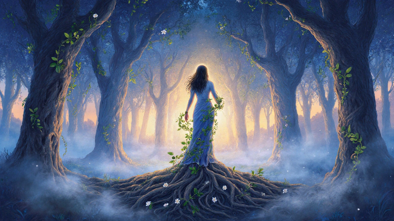Žena v lese, její tělo spojené s kořeny stromů, symbolizující obnovu dle ájurvédského učení.