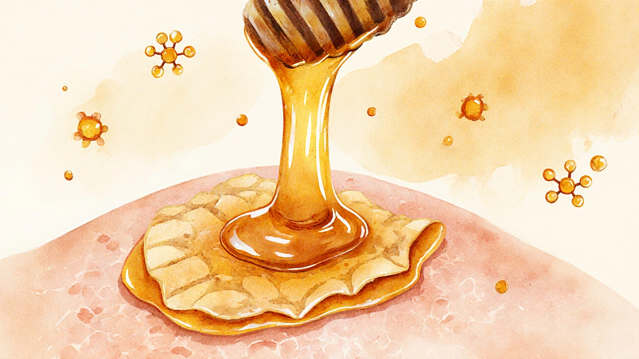 Abstraktní znázornění medu odstraňujícího mrtvé buňky a uvolňujícího antioxidanty na pokožce.