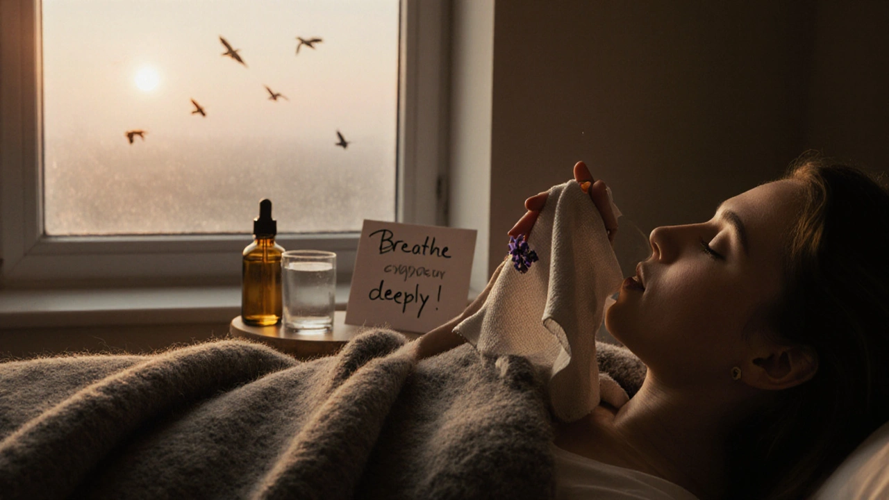 Člověk odpočívá po aromamasáži pod dekou, na stole je kapesník s lavandou a sklenice vody, venku je ranní světlo.