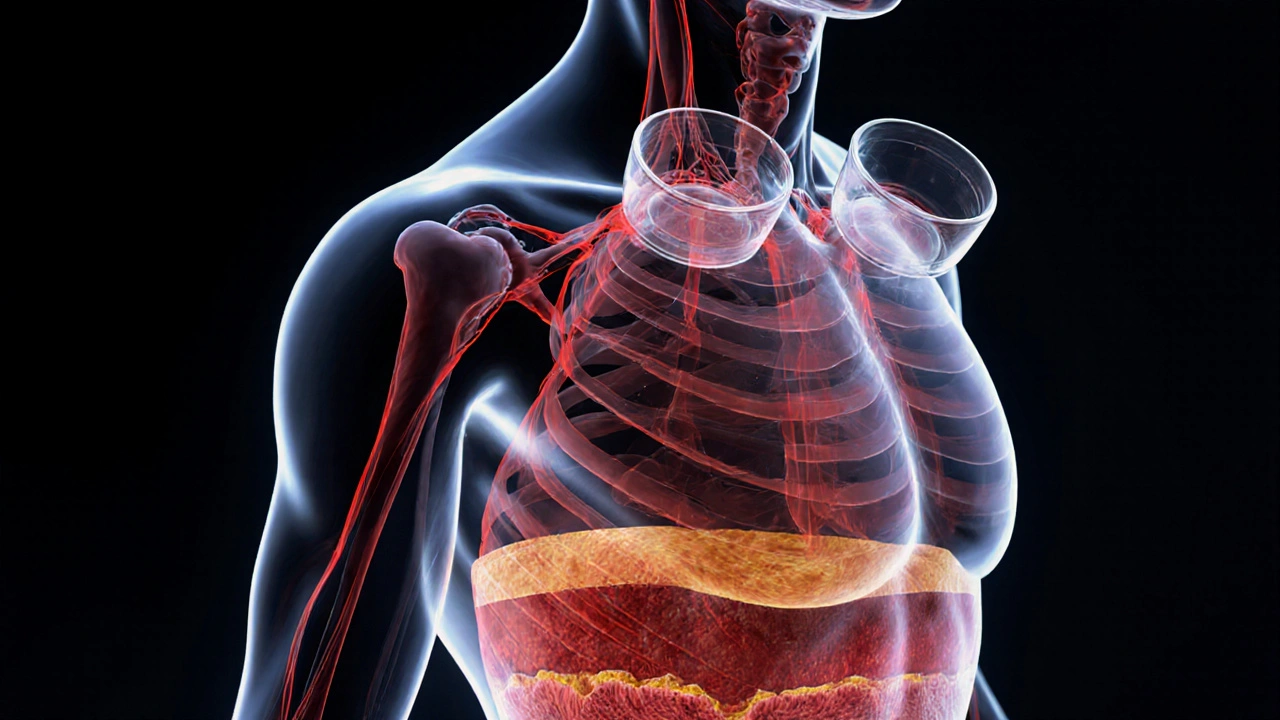 Ilustrace lidského těla s viditelným zlepšením krevního oběhu a lymfatického odtoku pod působením baňek.