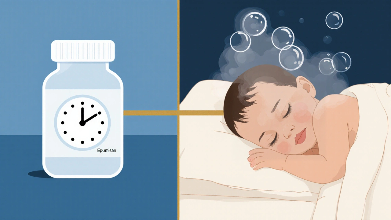 Konceptuální obrázek s Espumisanem a rozptylujícími se bublinami plynu.