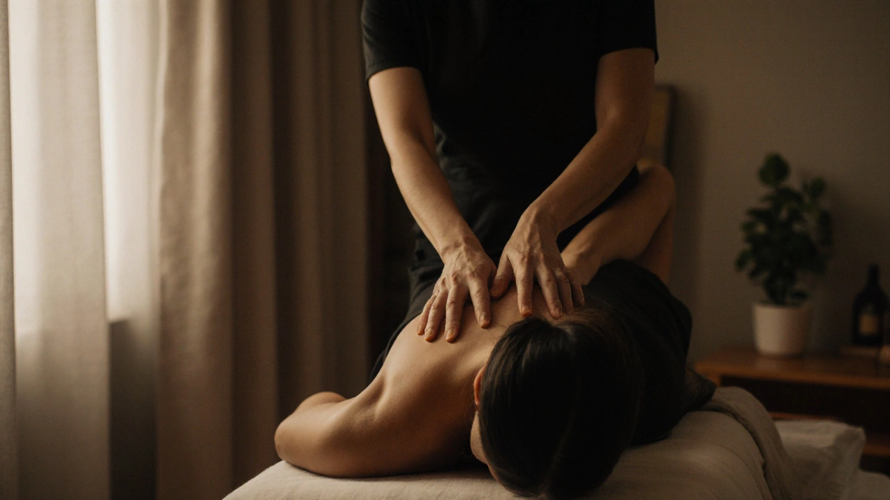 Masérka provádí masáž záda a ramen klienta v klidné místnosti.