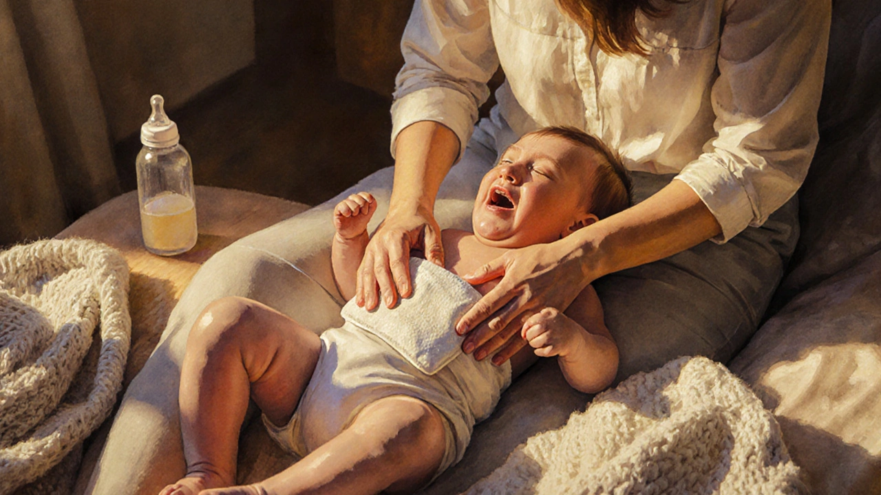 Matka jemně masíruje bříško novorozence v klidné domácí atmosféře.