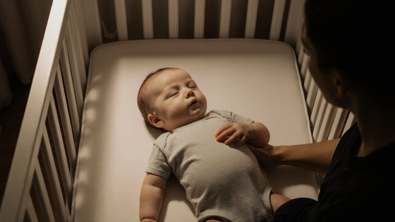 Novorozenci spí v bezpečné postýlce bez hraček, rodič sedí vedle něj v klidné přítomnosti.
