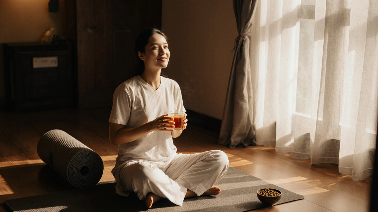 Osoba po masáži sedí v klidu a pije bylinný čaj, září v ní klid a uvolnění.