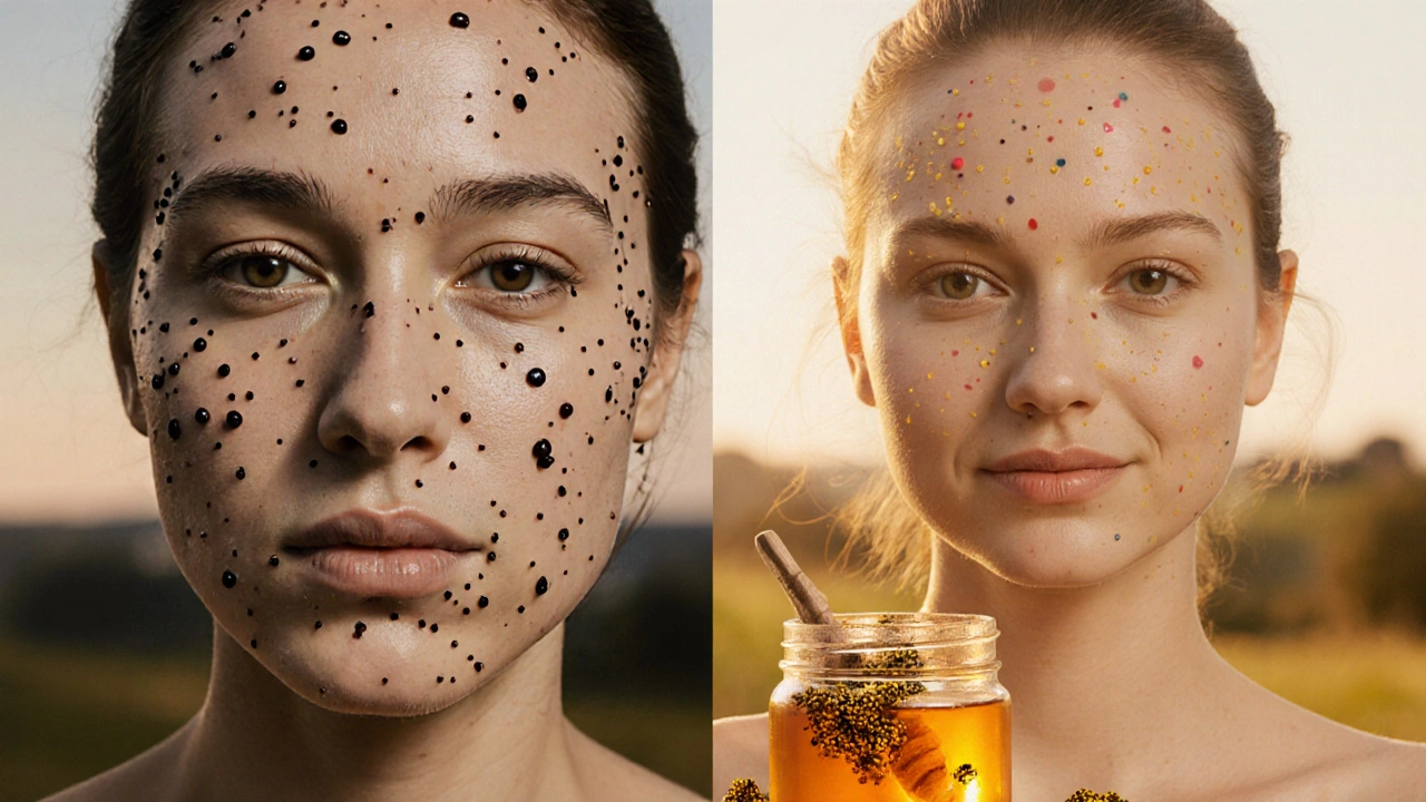 Před a po transformaci pokožky po medové masáži s nádobou syrového medu uprostřed.