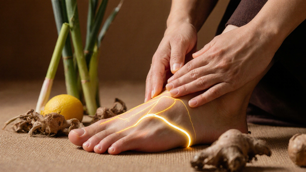 Ruce maséra tlačí na nohu s jemně zřetelnými zlatými čarami symbolizujícími energetické linky.