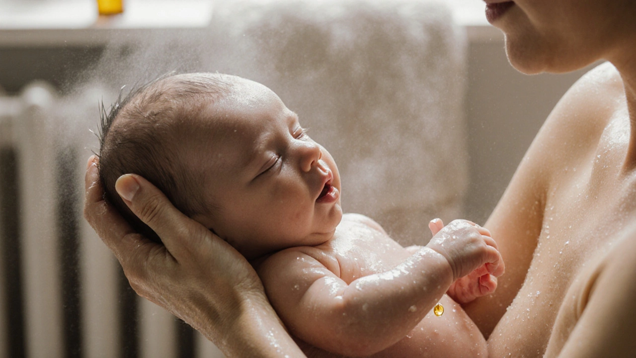 Ruce matky drží novorozence po koupeli, kapka oleje se pomalu šíří po jeho kůži.