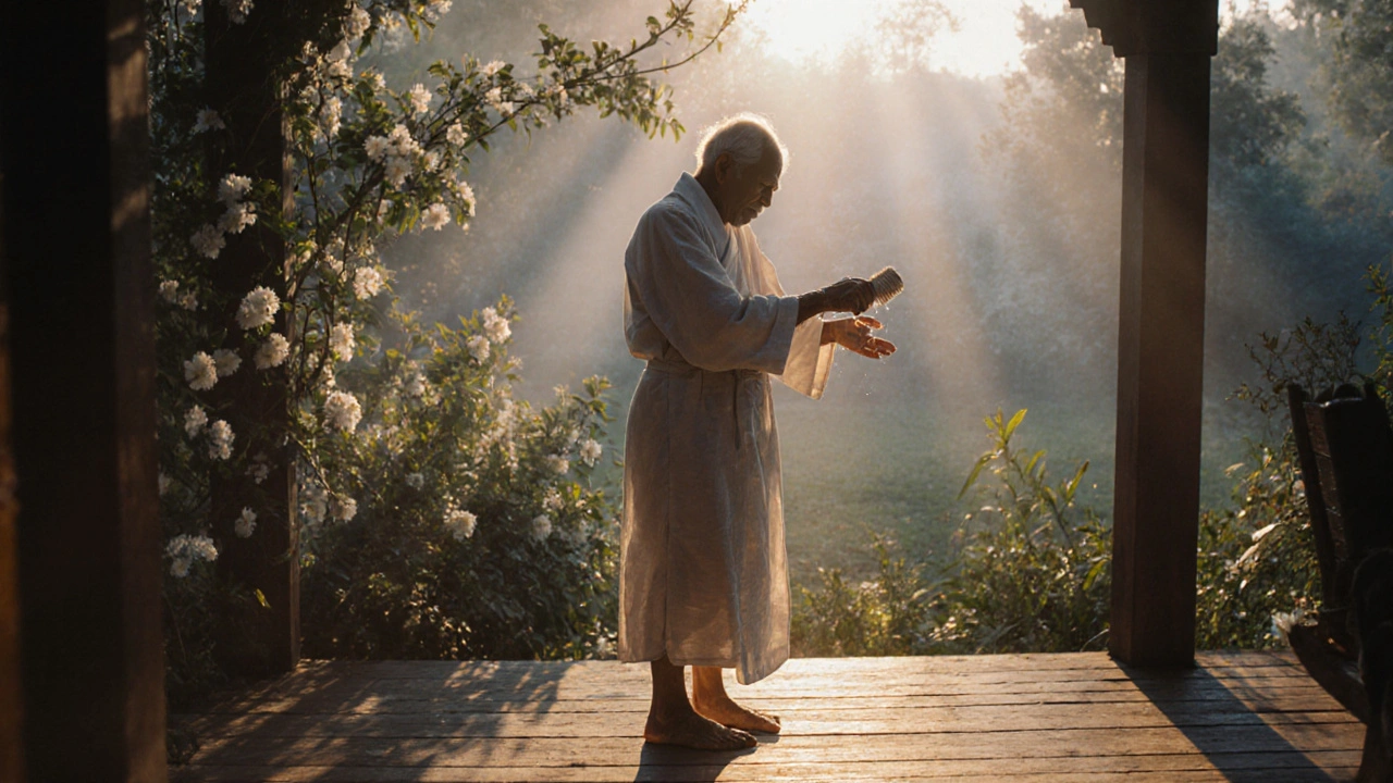 Starší osoba masíruje paže na verandě za svítání.