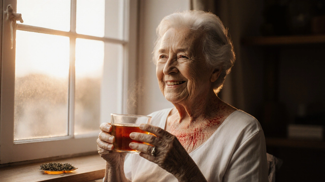 Starší žena po masážním baňkování, klidně pije čaj u okna s jemnými značkami na ramenou.