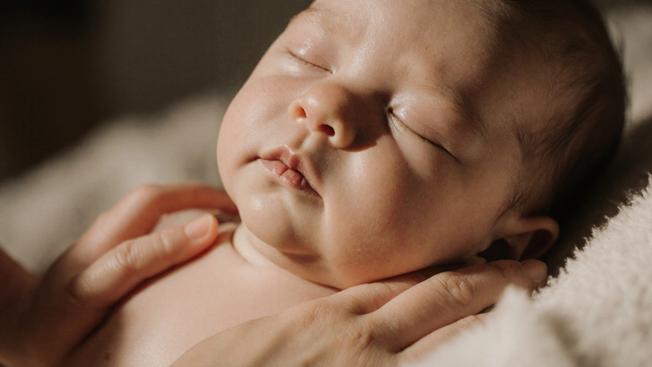 Tělo novorozence v klidu během masáže, oči zavřené, tvář klidná a uvolněná.