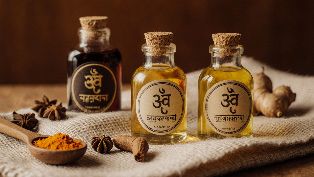 Tři lahve s ayurvédskými oleji na lněném plátně s bylinkami.