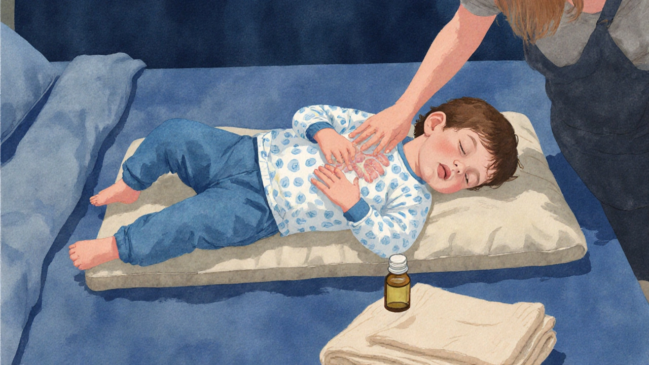 Tříleté dítě si nechává masírovat bříško před spaním v klidném domácím prostředí.