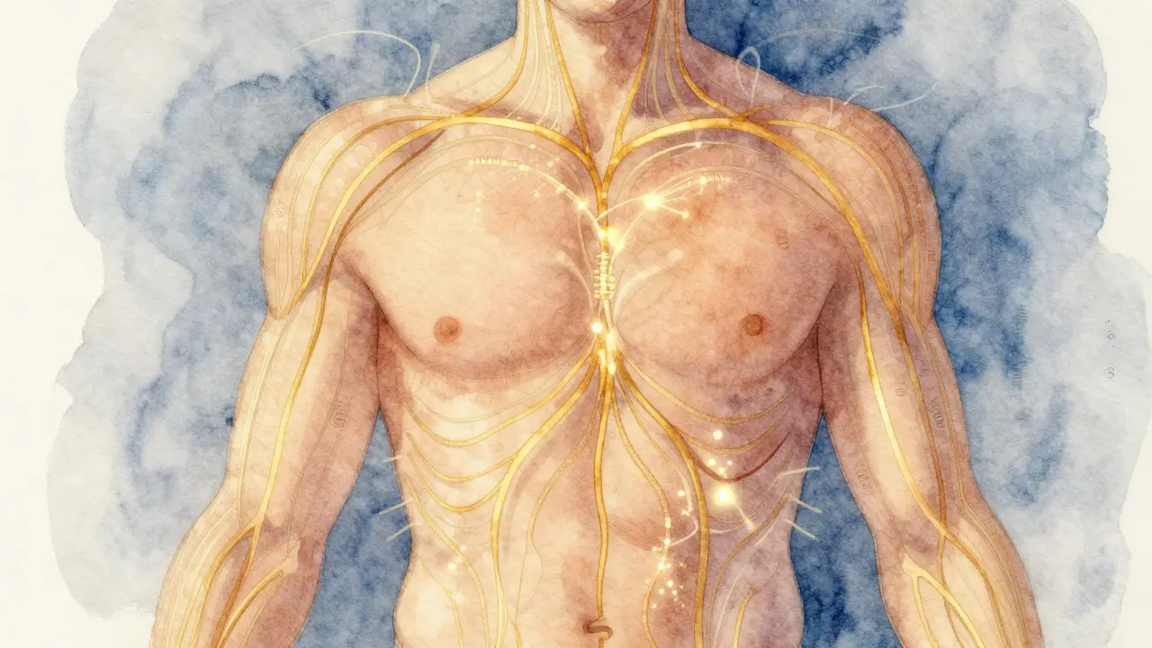 Abstraktní znázornění energie proudící pod kůží podél fasciálních cest těla.