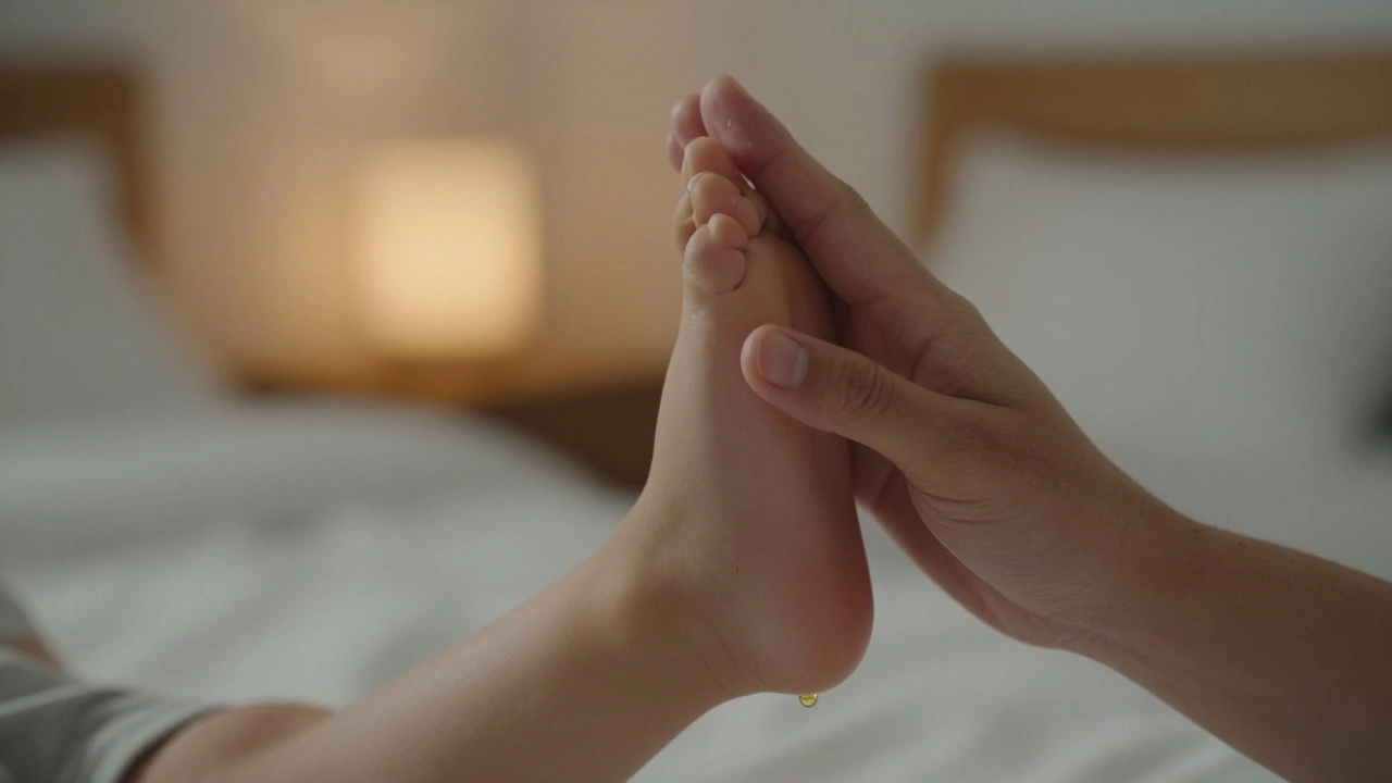 Dítě drží rodičovu ruku, olej září na nožce v klidném prostředí.