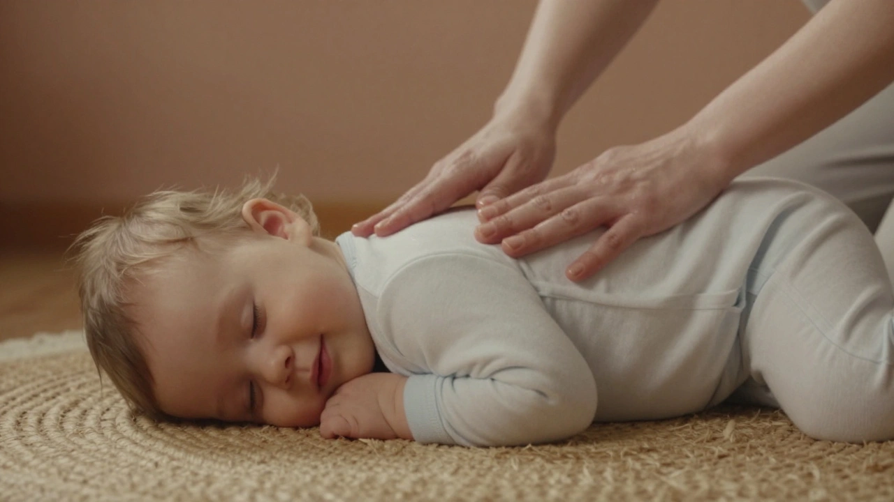 Dítě leží na břišku, rodič ho jemně hladí po zádech.