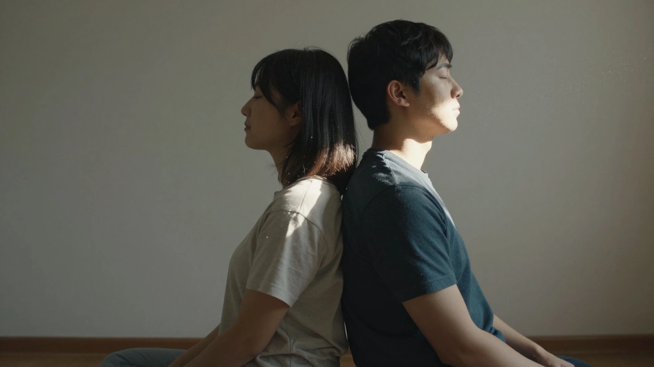 Dvojice sedí zády k sobě po sezení, spojená dechem, v klidu a tichém soužití.