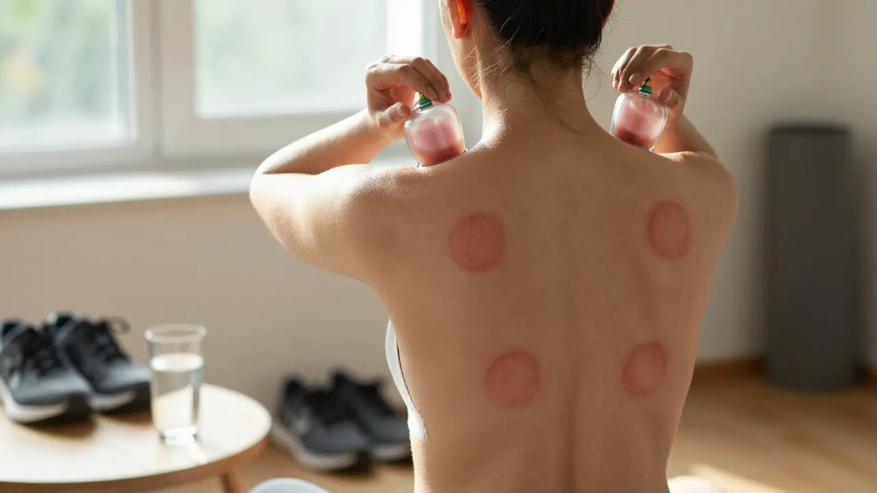 Osoba po sezení baňkování s jemnými zčervenalými značkami na zádech a sklenicí vody.