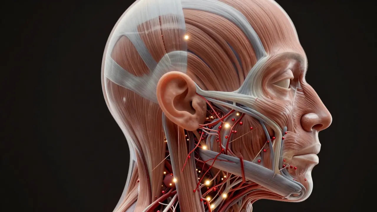 Průhledná hlava ukazuje napjaté svalové uzlíky a omezený krevní oběh, které světlo uvolňuje.