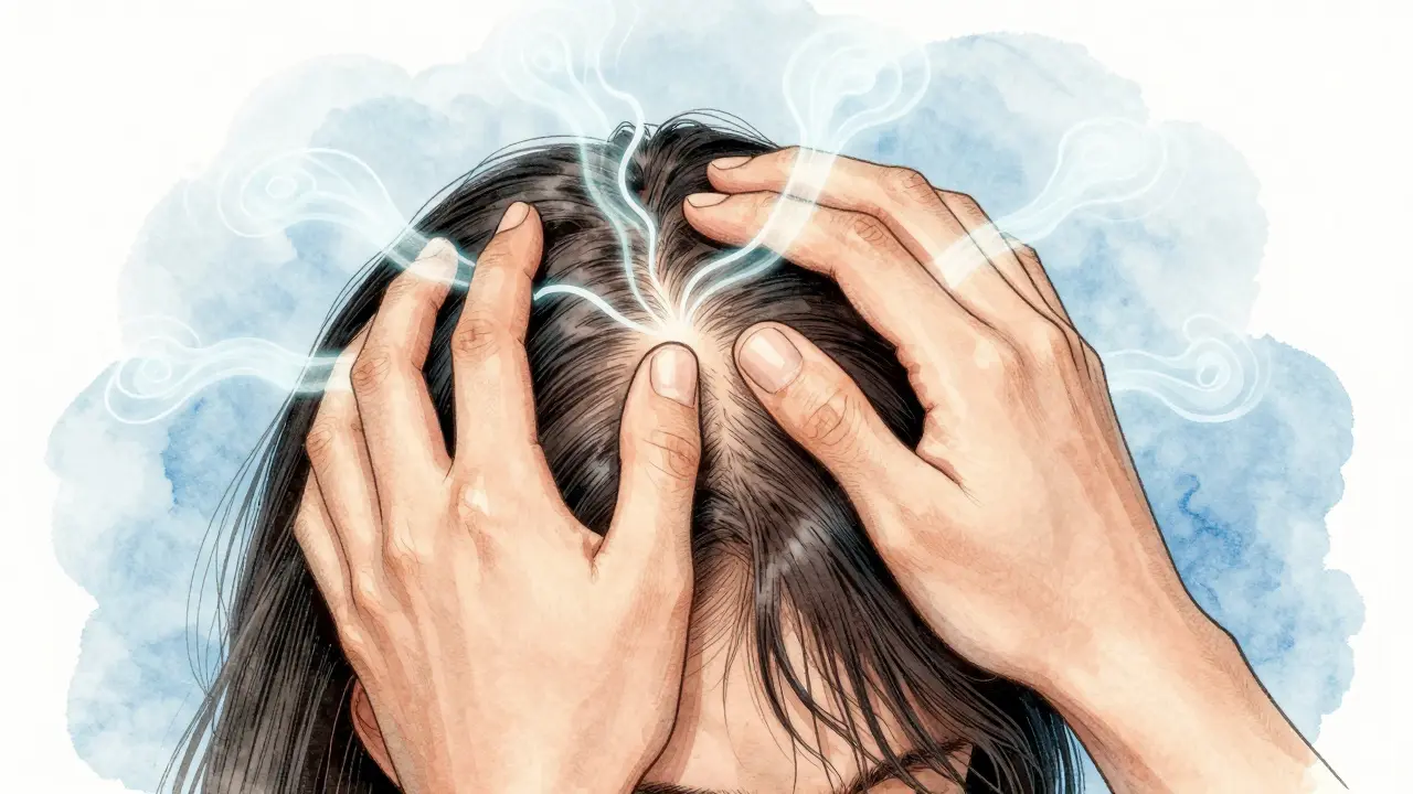 Ruka jemně masíruje zátylek a spánky, s vlnami uvolnění v okolí napjatých svalů.