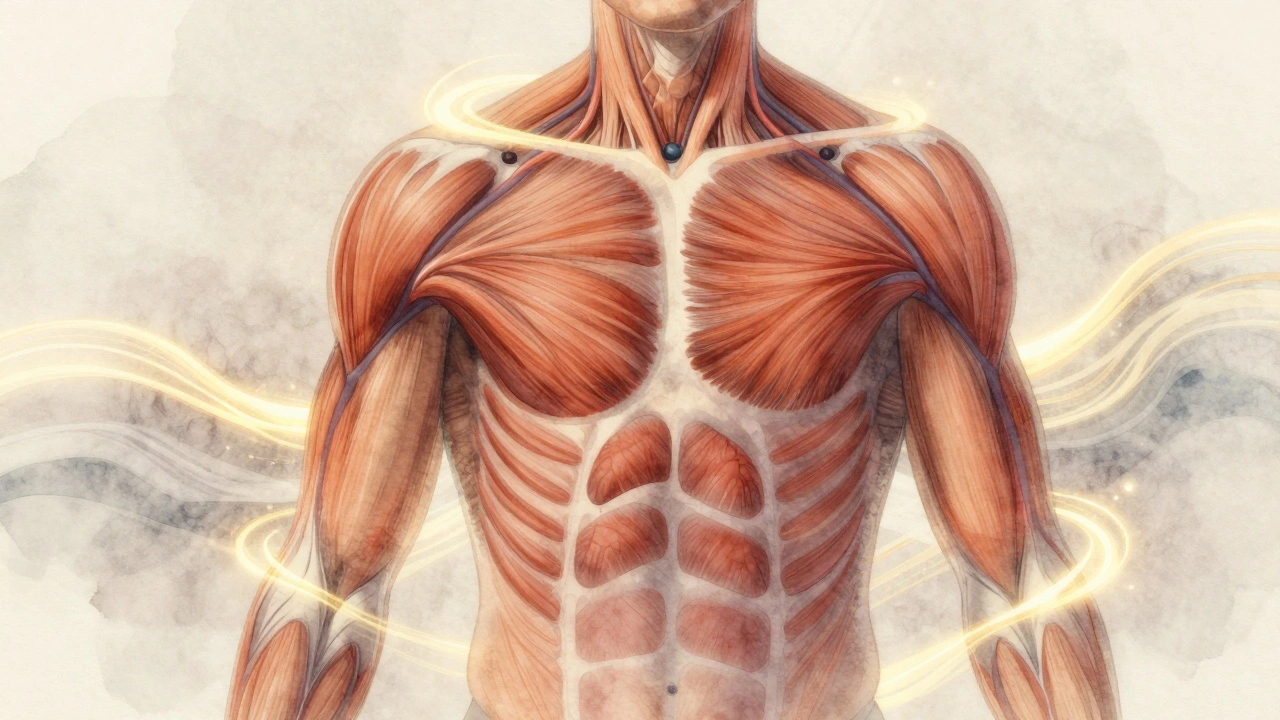 Translukentní znázornění těla s prouděním krve a odstraňováním odpadů po masáži.