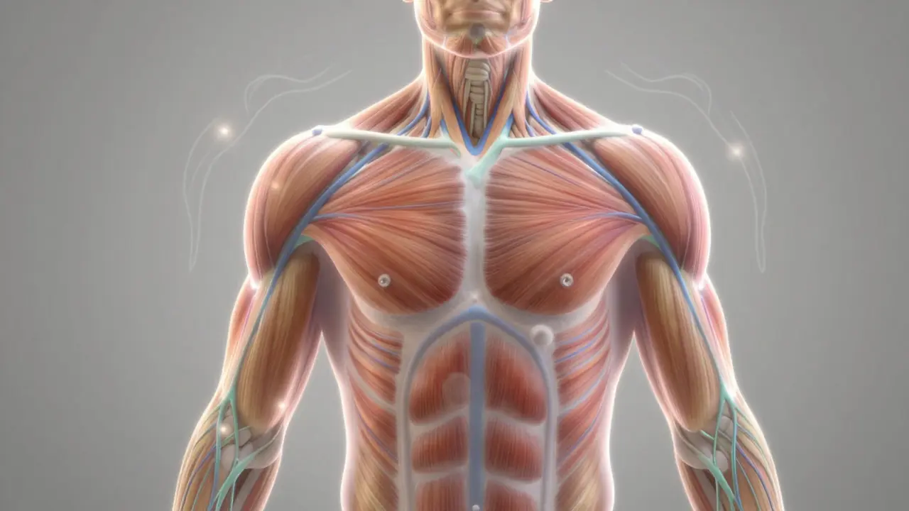 Transparentní ilustrace těla s proudy krve a lymfy v oblastech napjatých svalů.