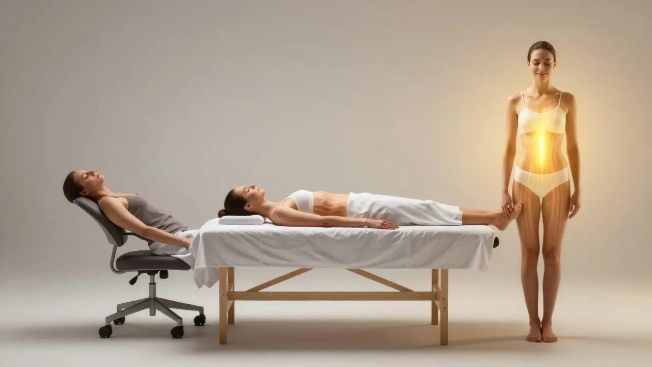 Tři fáze klienta: unavený, během masáže a obnovený s vnitřním zářením.