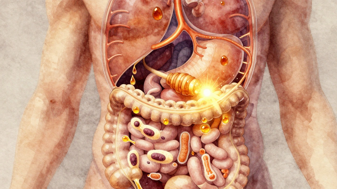 Vnitřní pohled na trávicí systém aktivovaný medovou masáží.