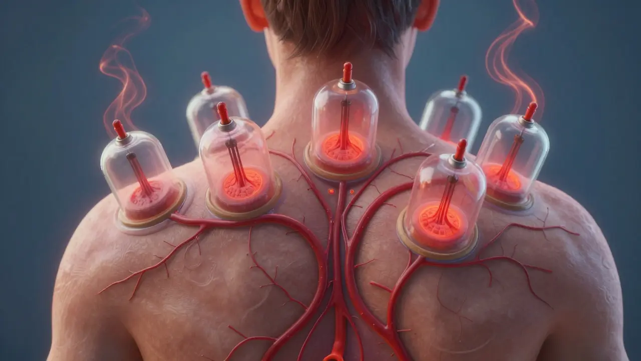 Vnitřní pohled na zlepšený krevní oběh a lymfatický tok pod působením baňkování.