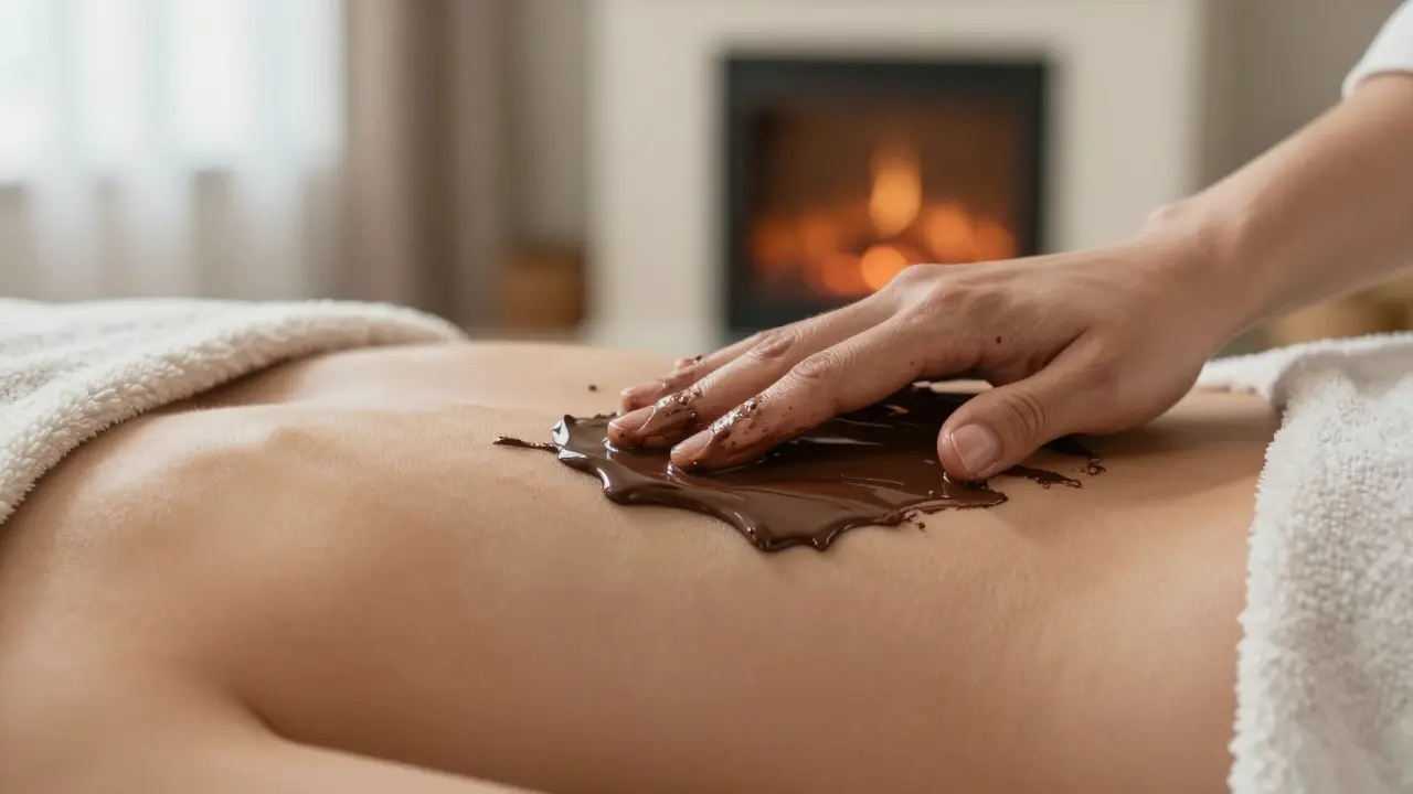 Hladká, zářící kůže po čokoládové masáži, bez lepkavých zbytků, v teplém prostředí.