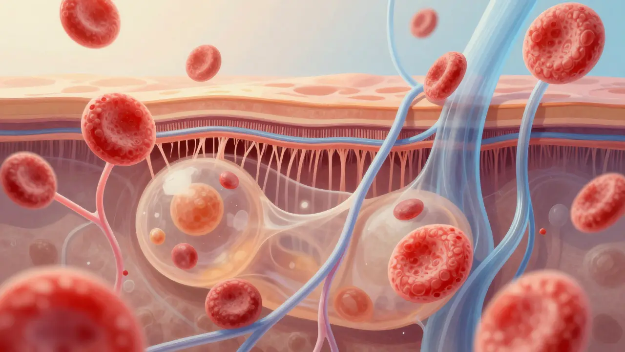 Křížový řez kůže s tukovými buňkami a lymfatickým prouděním pod tlakem masáže.