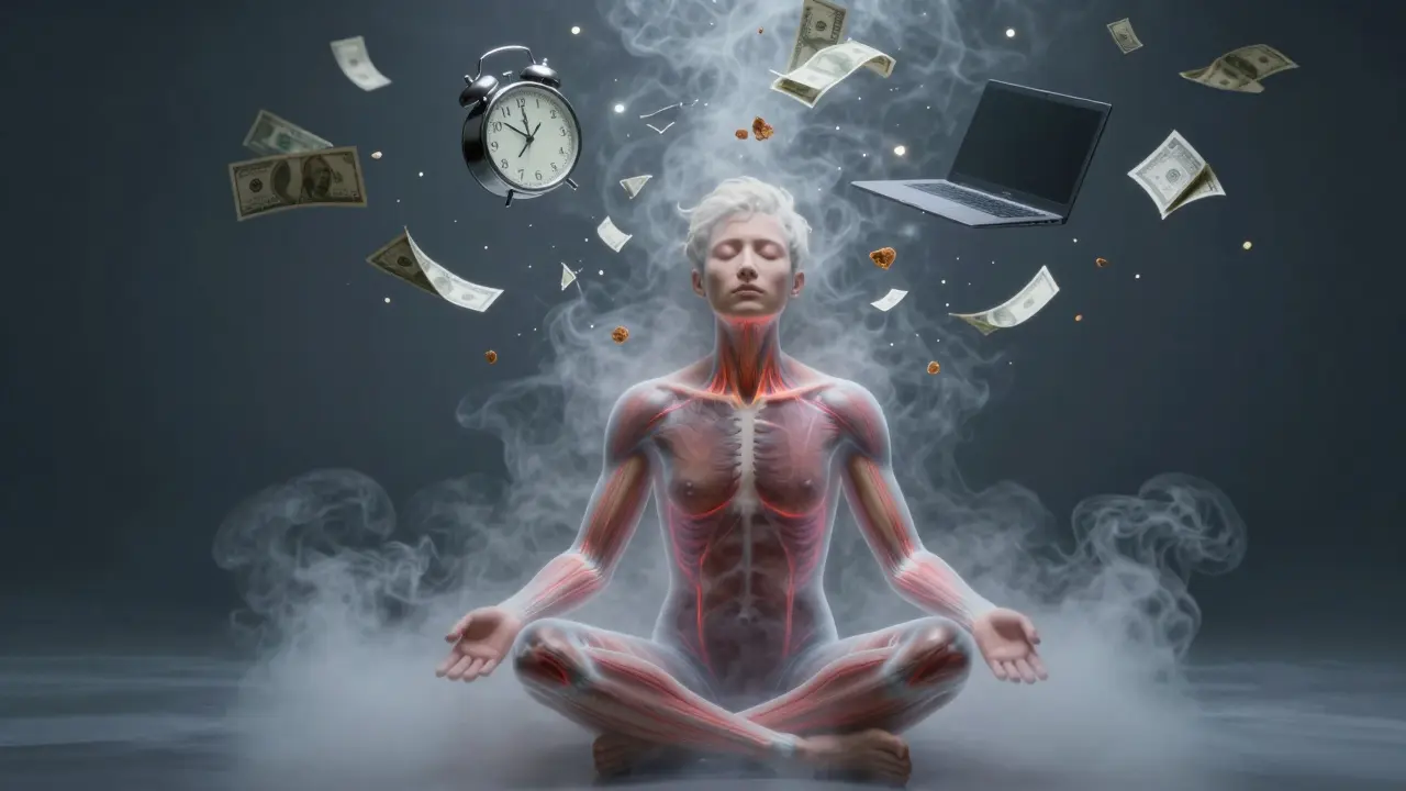 Osoba v klidu, kolem ní se rozptýlí obrazy stresu v parách světla.