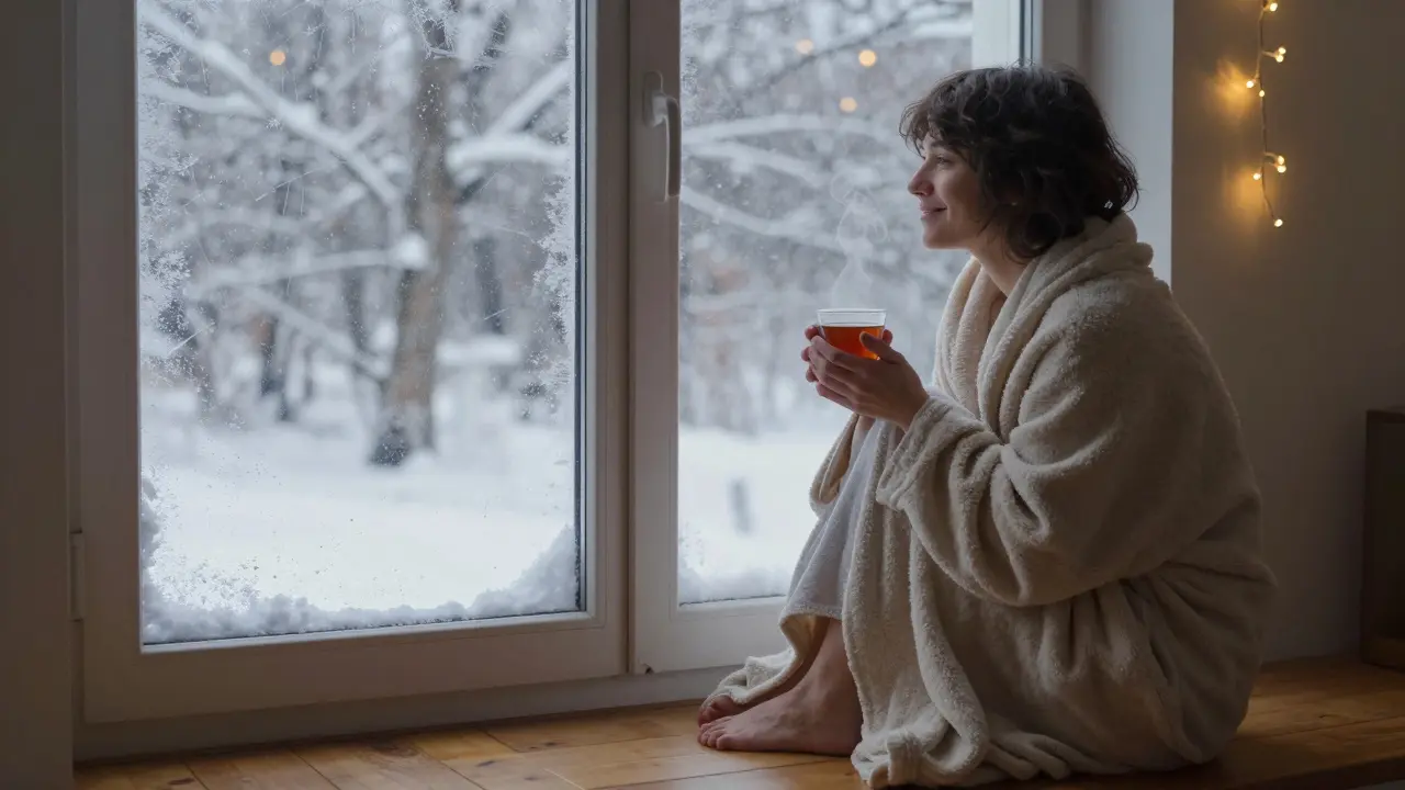 Osoba v plášti se dívá ven na zasněžený kraj, cítí klid a teplo po masáži.