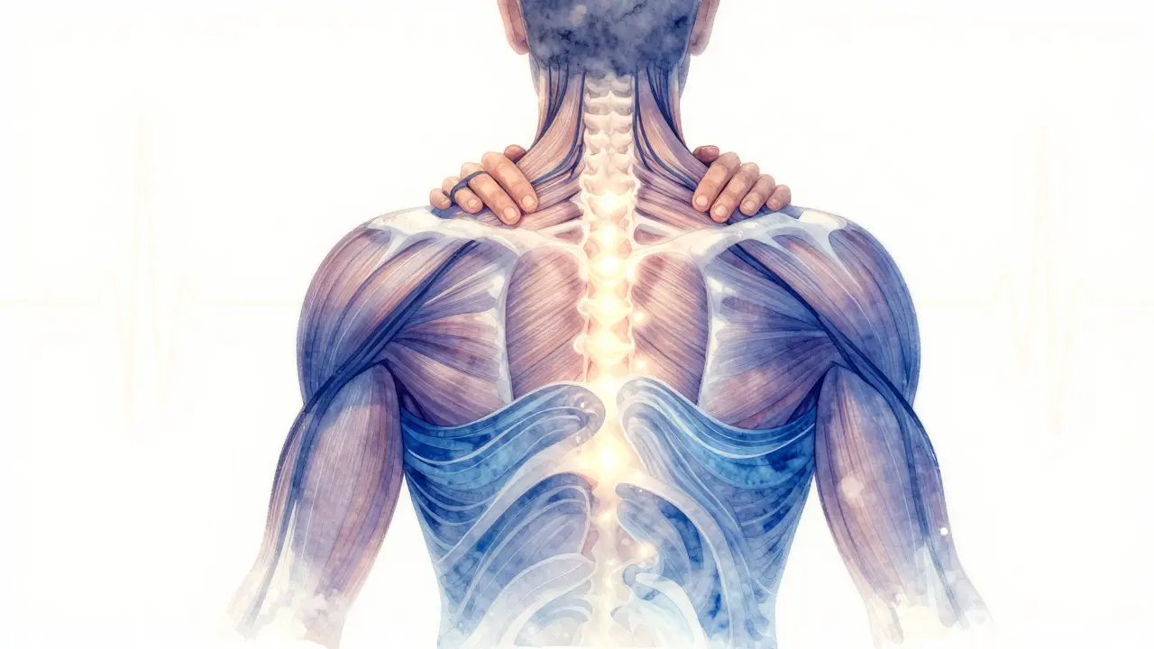 Tělo s viditelnými napnutými svaly, které se mění v klidné vlny barvy.