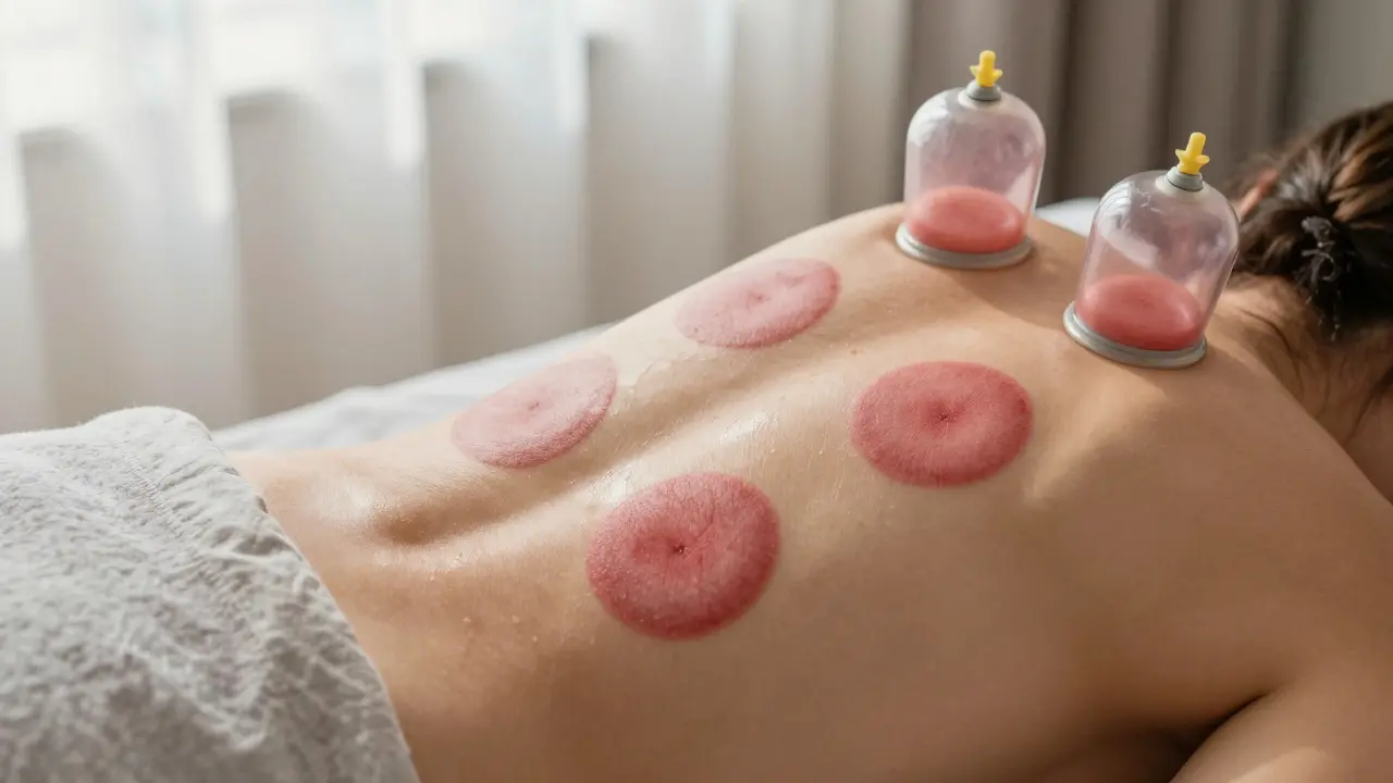 Blízký pohled na záda po baňkování s červenými kruhy a klidným osvětlením.