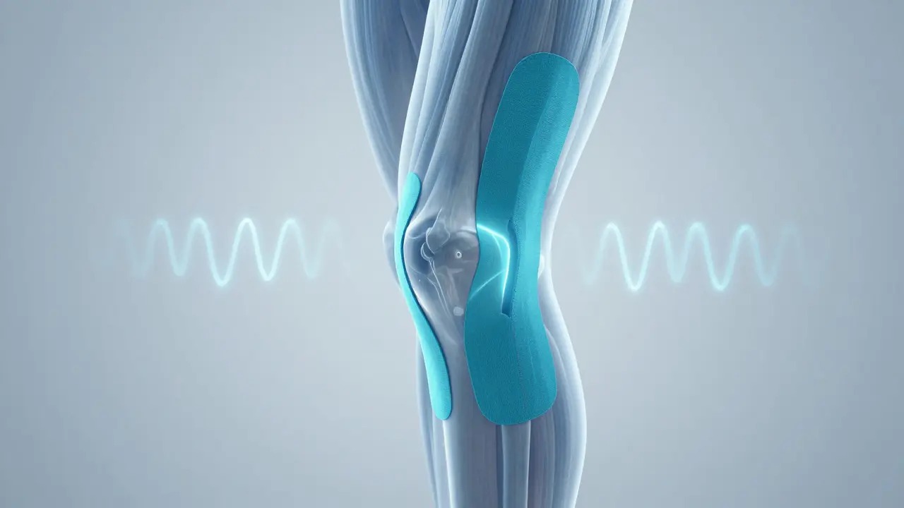 Koncepční ilustrace účinku tejpování na koleno: zvýšení kůže, lymfatický odtok a potlačení bolestivých signálů.