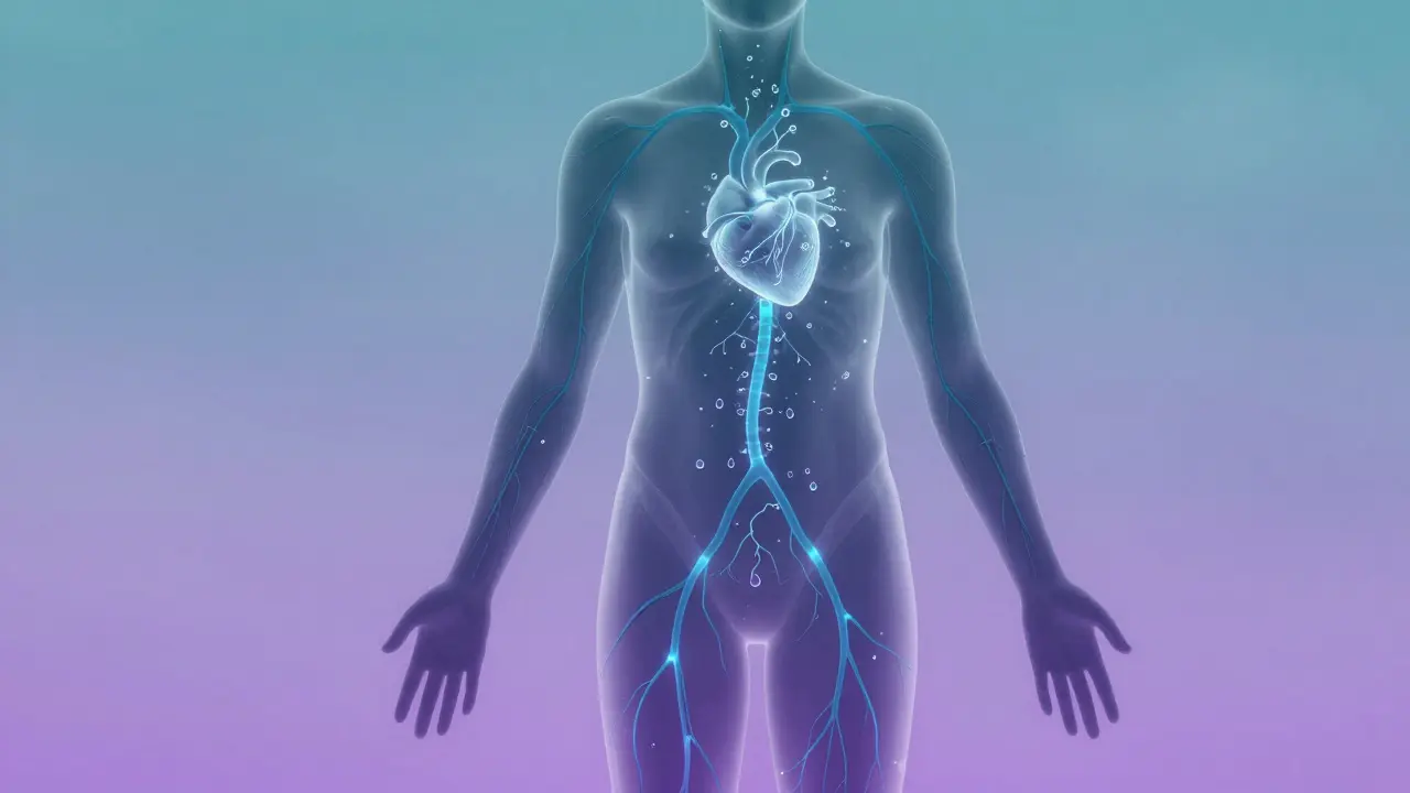 Průhledný silueta lidského těla s prouděním modrých lymfatických cest směrem k srdci.
