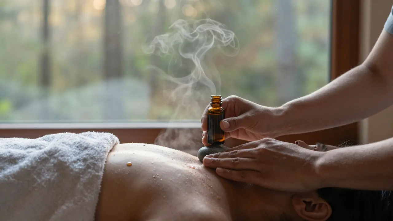 Ruce terapeuta používají kameny a oleje při masáži s výhledem na les ve světle ranního slunce.