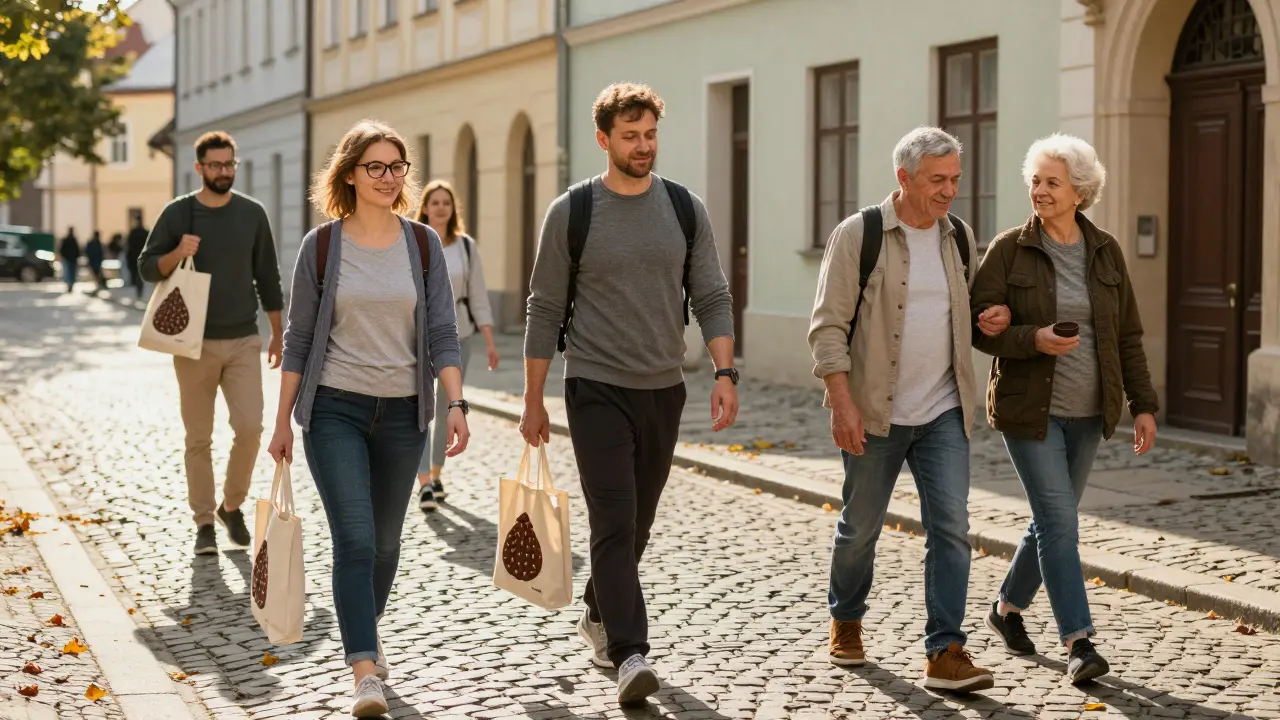 Různí lidé opouštějí spa v Brně po čokoládové masáži, usmívají se a nesou pytle s kakao.