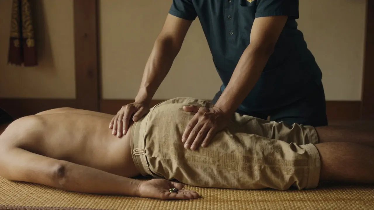 Therapist using knee and body weight to apply pressure to a client's hip during Thai massage.