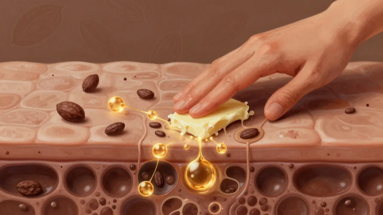 Zvětšený pohled na kůži, jak vstřebává kakaoové tuky a antioxidanty.