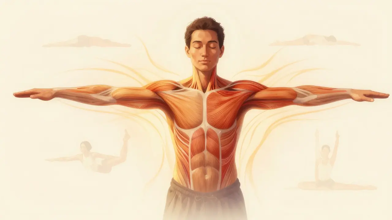 Abstraktní znázornění uvolnění napětí a zvýšeného vědomí těla po thajské masáži.